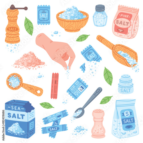 Salt in Package and Shaker Used in Culinary Vector Set