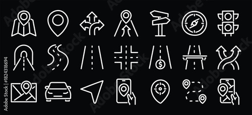 Navigation and roads related editable stroke outline icons set isolated on black background flat vector illustration. Pixel perfect. 64 x 64.