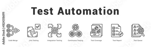 Test Automation   Modern and clean web banner illustration featuring thematic icons for visual communication