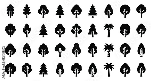 Diverse Collection of Tree Icons in Black Silhouette for Forest and Nature Themed Designs and Digital Illustrations Including Deciduous and Evergreen Trees