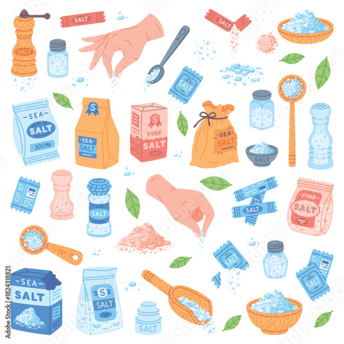 Salt in Package and Shaker Used in Culinary Vector Set