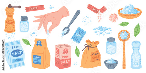 Salt in Package and Shaker Used in Culinary Vector Set
