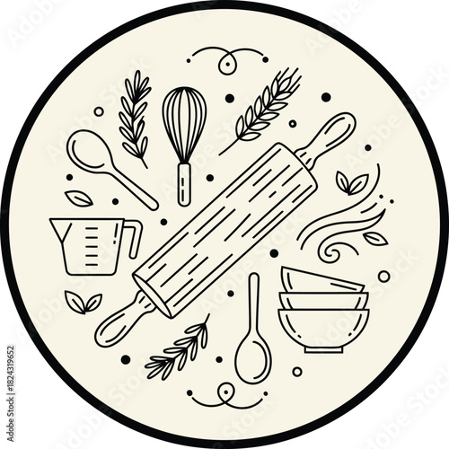 Baking preparation with a rolling pin and kitchen utensils for culinary creations and pastry goodness