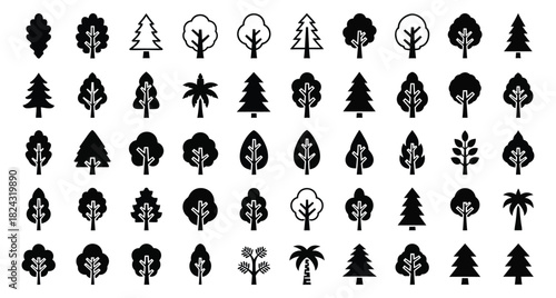 Diverse Tree Icons Set on White Background Representing Nature and Forest Variety for Eco Projects and Design Applications in Black and White