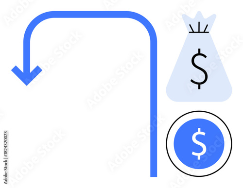 Downward arrow leading to a money bag and dollar coin, representing financial flow, revenue processes, savings growth, investment strategies. Ideal for finance, banking, budgeting, income analysis