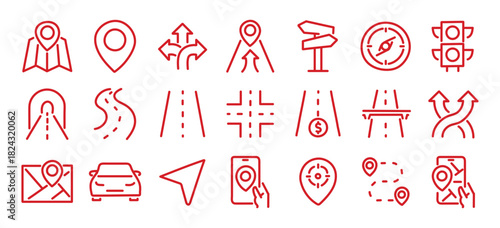 Navigation and roads related editable stroke outline icons set isolated on white background flat vector illustration. Pixel perfect. 64 x 64.