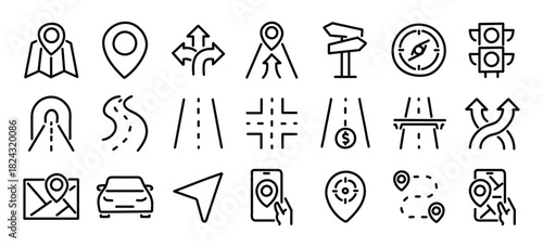 Navigation and roads related editable stroke outline icons set isolated on white background flat vector illustration. Pixel perfect. 64 x 64.