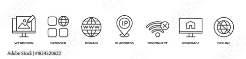 Complete Web Journey Icons set vector illustration outline with Webdesign, Browser, Domain, Ip address, Disconnect, Homepage, Offline