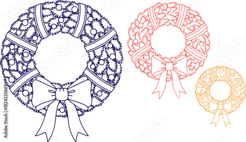 Festive holiday wreaths in various sizes and colors against a dark background on transparent background