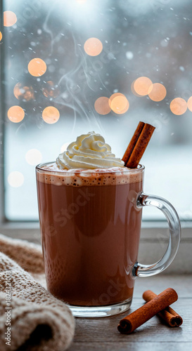 Close-up of a cup of hot chocolate topped with whipped cream