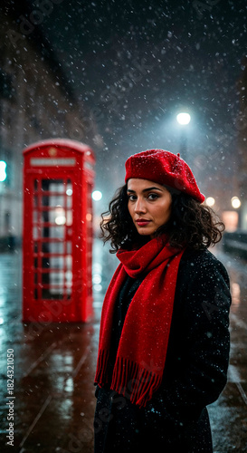 Vertical portrait of a woman wearing a red beret and scarf, standing under snowfall at night, warm street lights glowing behind, shallow depth of field, moody cinematic winter atmosphere.