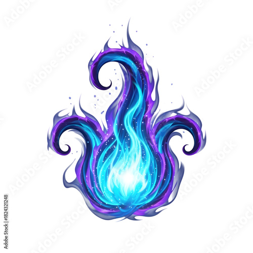 Vibrant magical flame with swirling blue and purple fire on a clean white background.
