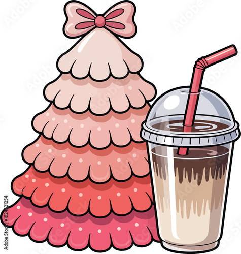 Pink Layered Christmas Tree with Bow and Iced Coffee – Cute Holiday Vector