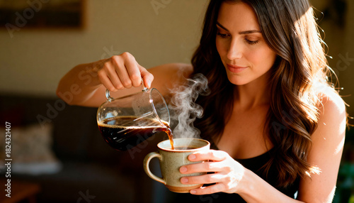 horizontal photo of woman pouring coffee into a ceramic mug, visible steam, sunlight reflecting on her hands, cozy atmosphere, lifestyle tone