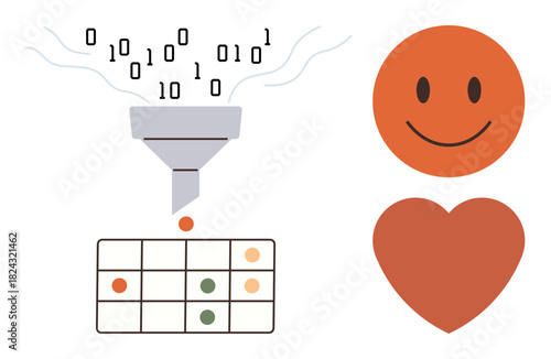 Binary data passes through a funnel, forming a grid of insights. Orange happy face and heart depict happiness, emotional connection, and satisfaction. Ideal for data analysis, AI, human values