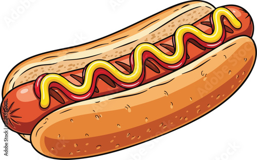 Vector illustration of a fast food hot dog with mustard on a bun, isolated for a cartoon meal snack design
