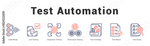 Test Automation   Modern and clean web banner illustration featuring thematic icons for visual communication