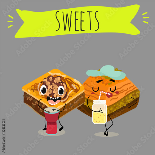 Funny Characters Turkish Traditional desserts pistachio baklava, hand drawn vector illustration.