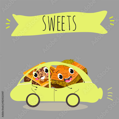 Funny Characters Turkish Traditional desserts pistachio baklava, hand drawn vector illustration.