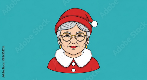 Cartoon portrait illustration of a kind elderly woman wearing a red santa hat and a festive red and white furtrimmed collar against a solid teal background