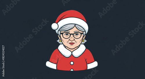Cartoon portrait of a smiling elderly woman wearing a red santa claus costume and hat, perfect for holiday illustration