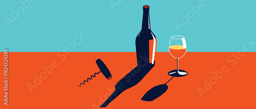 Restaurant poster, pub banner, sign, alcohol menu, wine list, flat isometric illustration, wine bottle, glass, corkscrew. Party, drinking, alcohol sales, kitchen design, white wine, chardonnay