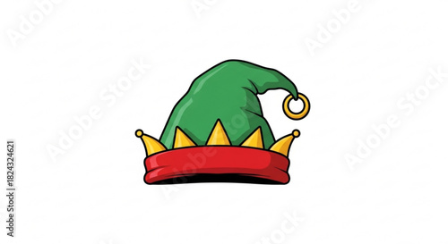 Cute cartoon illustration of a green elf hat with a red band and yellow crown detail