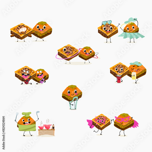 Funny Characters Turkish Traditional desserts pistachio baklava, hand drawn vector illustration.