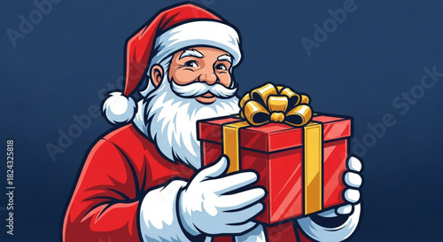 Illustration of santa claus character holding a wrapped red gift box with a golden ribbon against a dark blue background for christmas celebration concept