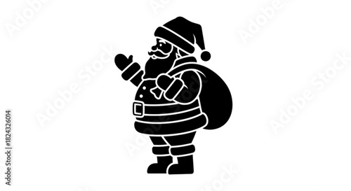 Black and white silhouette vector icon of santa claus character standing and holding a large sack of gift