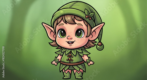Cute cartoon drawing of a happy little forest elf character wearing a green leafy outfit and pointed ears standing in a blurred green woodland setting