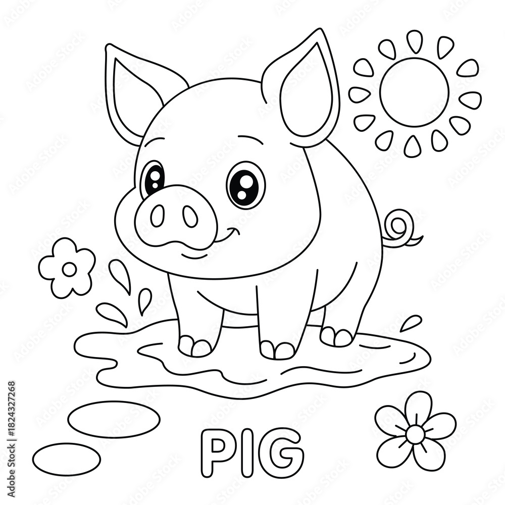 Fototapeta premium Cute Happy Cartoon Piglet Coloring Page
