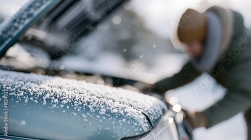 Mechanic checks car battery in snowy daylight during winter car service