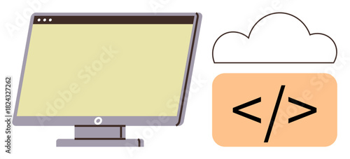 Monitor with blank screen next to cloud containing coding tag. Ideal for software development, cloud computing, coding, technology education, web design, innovation, and data storage. Simple flat