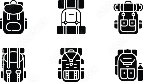 Backpack, Travel, and Hiking Gear Solid Icons Set