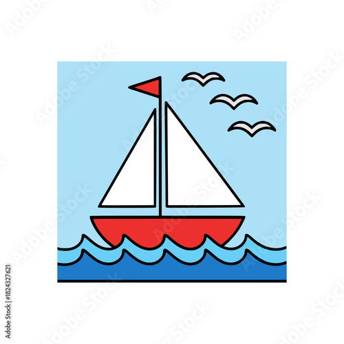 Minimal sailing boat illustration with white sails and red hull moving across calm sea water beneath clear blue summer sky