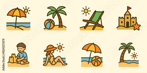 Summer beach icon collection featuring umbrellas, palm trees, sandcastles, beach chairs, kids playing, and relaxing holiday scenes in clean vector style