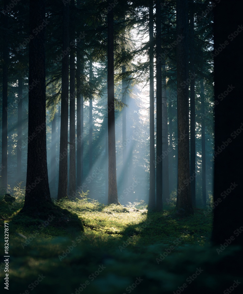 Naklejka premium Sunlight streaming through tall trees in a tranquil forest nature scene lush environment serene viewpoint