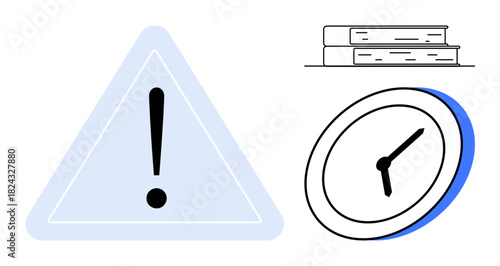 Triangular warning sign with exclamation point beside analog clock and two books. Ideal for deadlines, time management, education, learning, caution, planning, and simplicity. Flat metaphor