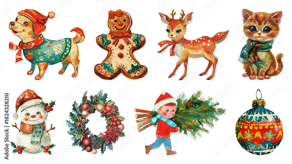 Fototapeta premium PNG Vintage Christmas holiday decoration collection, element set on transparent background