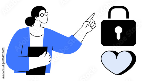 Person gestures toward a lock and heart figure, emphasizing security, privacy, love, and trust. Ideal for data protection, relationships, confidentiality, ethical decision-making digital safety