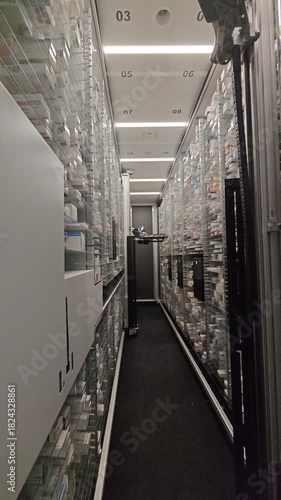 A pharmacy robot moves through a narrow aisle lined with towering shelves of medicine boxes, automating precise and efficient medication retrieval in a modern pharmacy setup.