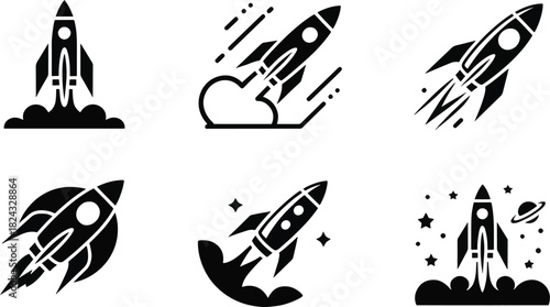 Rocket Launch, Space Exploration, and Startup Solid Icons Set