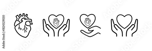 Simple medical heart icons featuring anatomical hearts and caring hands, perfect for health, cardiology, charity, wellness, and healthcare design projects.