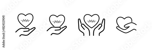 Simple heart care icons with hands holding hearts and heartbeat lines, ideal for health, medical, charity, and wellness design needs.