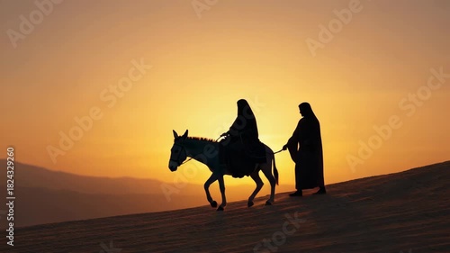 Silhouette of mary and joseph traveling on a donkey through the desert at sunset. Biblical scene representing the holy family's journey to bethlehem for the nativity story