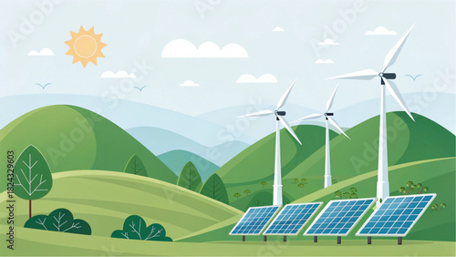 Sustainable energy landscape showcasing wind turbines and solar panels generating renewable power for a greener future, ideal for environmental awareness campaigns