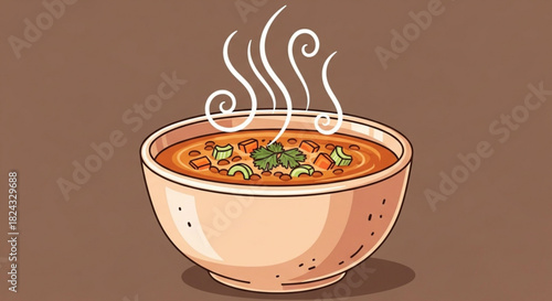 Steaming bowl of hot vegetable soup with herbs garnish, cartoon illustration on brown background, comfort food concept