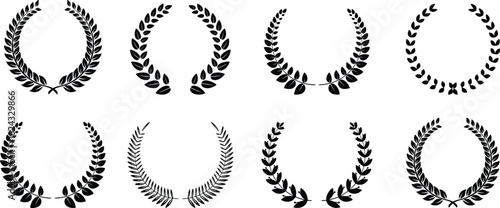  Circular laurel wreath set. Emblem floral Greek branch of oak leaves, eucalyptus leaf, Wheat, winner award, champion and flower.