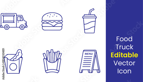  Food truck festival line icons, van, burger, drink cup, snack box, fries, menu board, thin outline, white background.